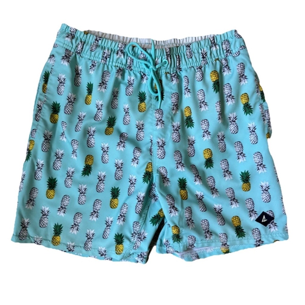 Sperry Mens Polyester Swim Trunks Teal Pineapple, Pockets & Liner, Medium, EUC